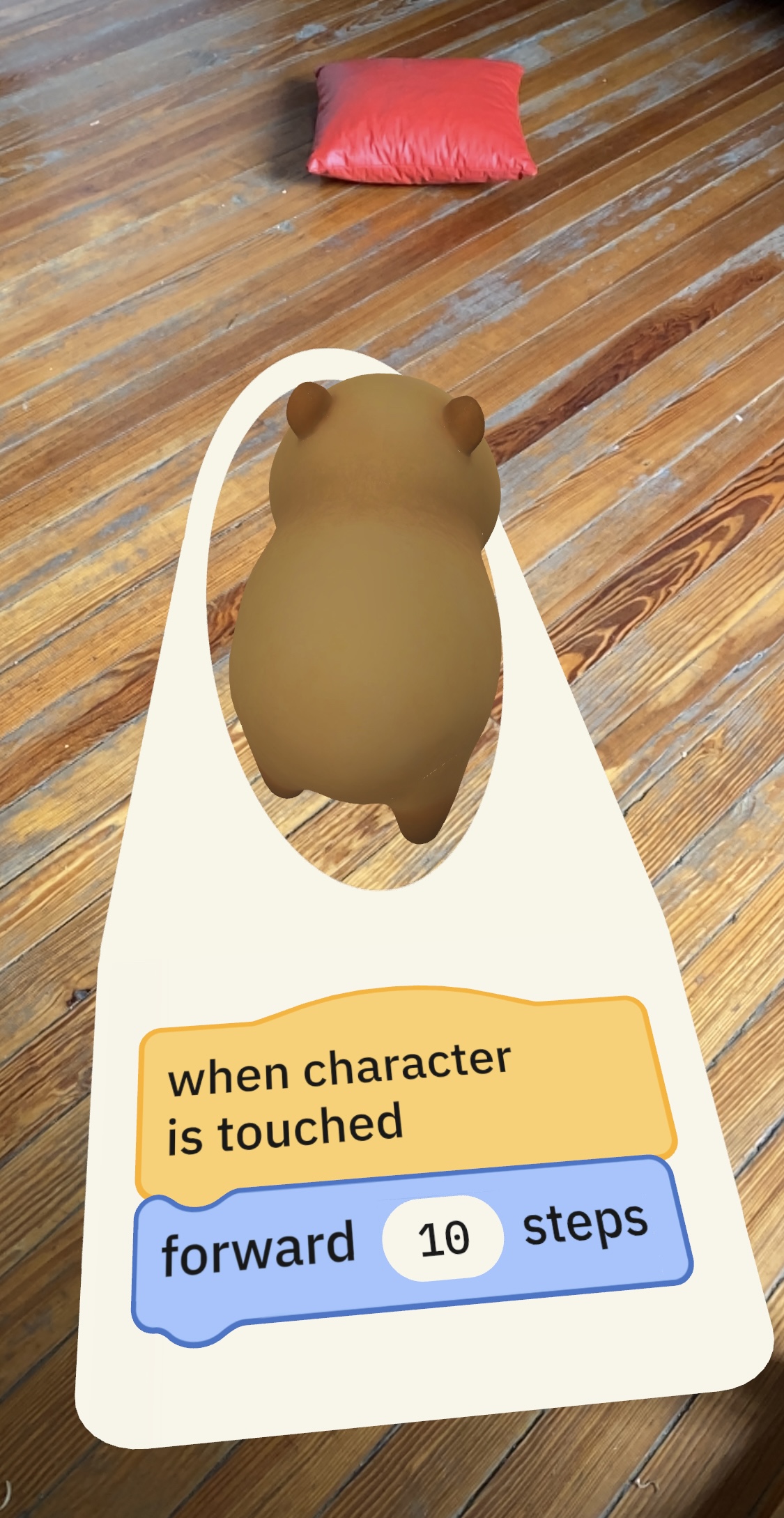 Capybara facing red pillow